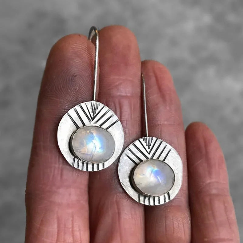 Ancient Round White Moonstone Earrings