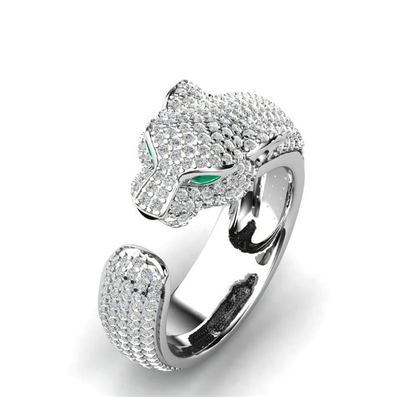 Adjustable Jaguar Ring in Silver and Rose Gold with Green Zirconia Eyes